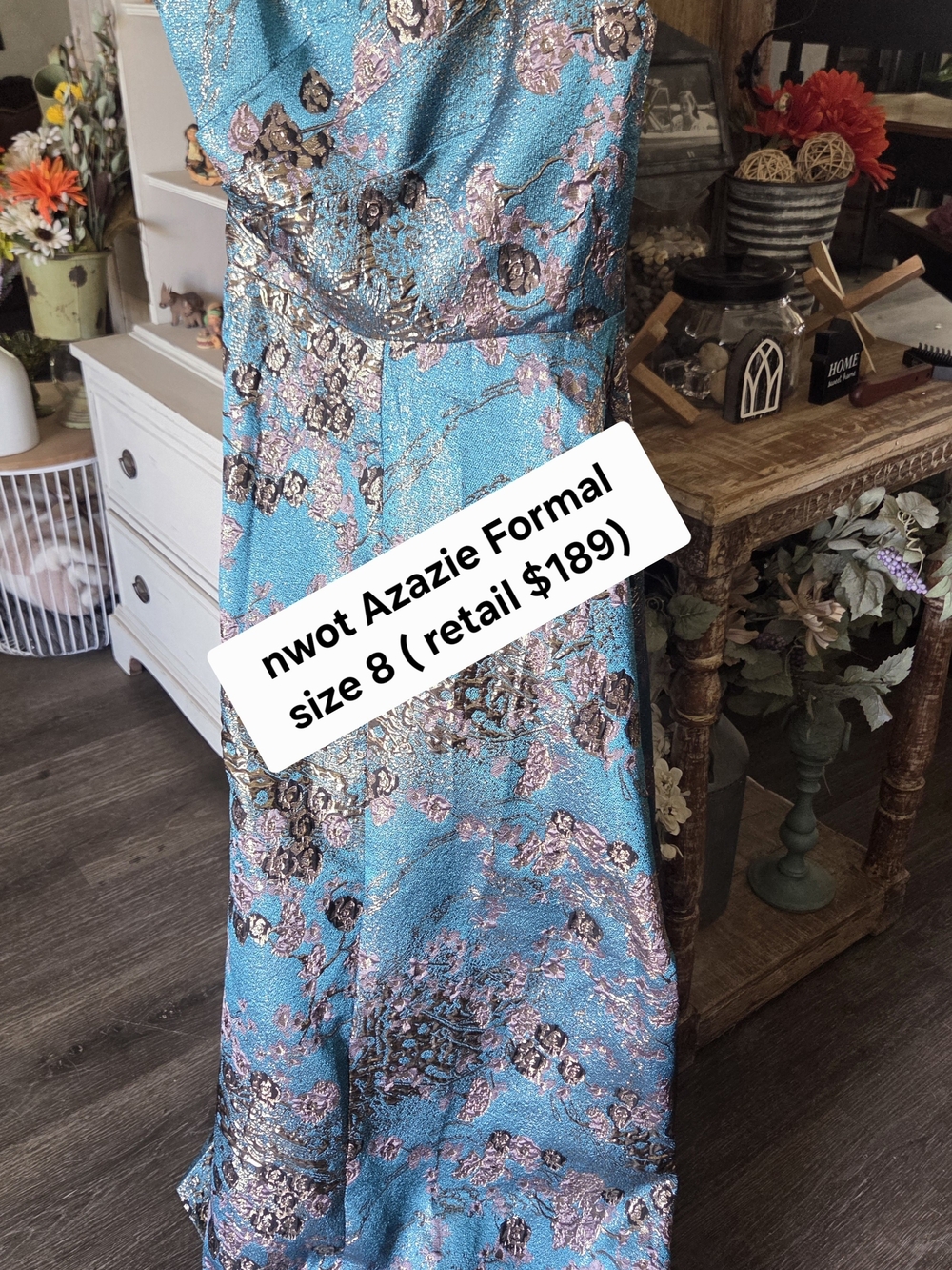 Azazie Turquoise Metallic Floral Brocade Prom Dress